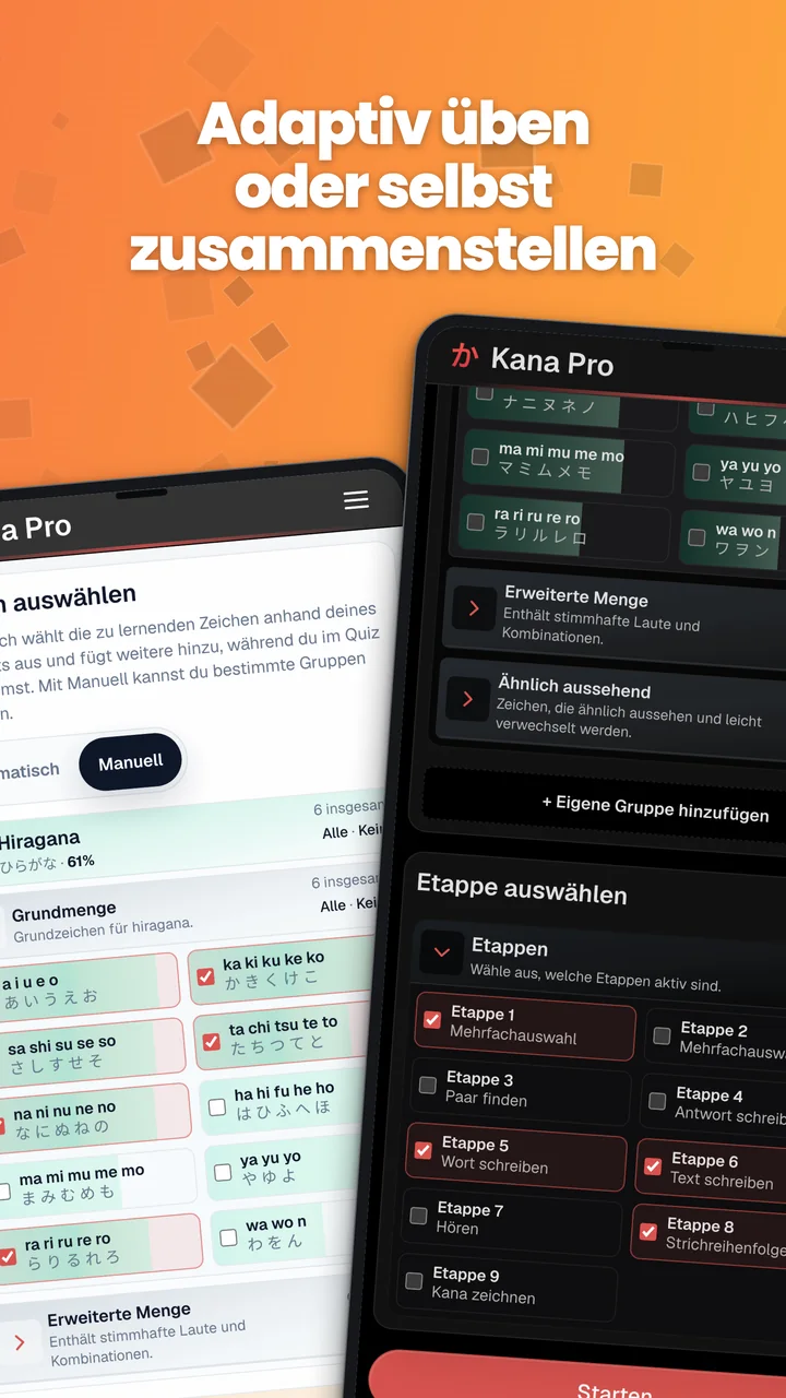 Automatische Zeichenauswahl und manuelle Auswahl von Kana-Gruppen und Etappen auf Android.