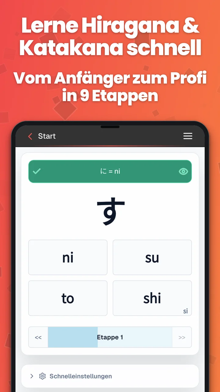 Hiragana-Multiple-Choice-Übung in Kana Pro mit Romaji-Antworten und einer Rückmeldungsleiste.