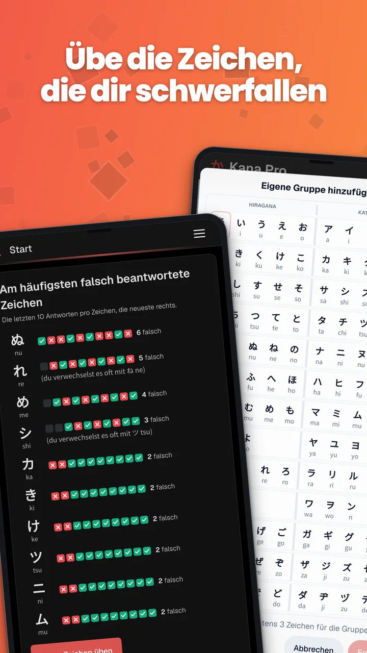 Android-Screenshots der Fehlerstatistik für Kana und des Editors für eigene Gruppen.