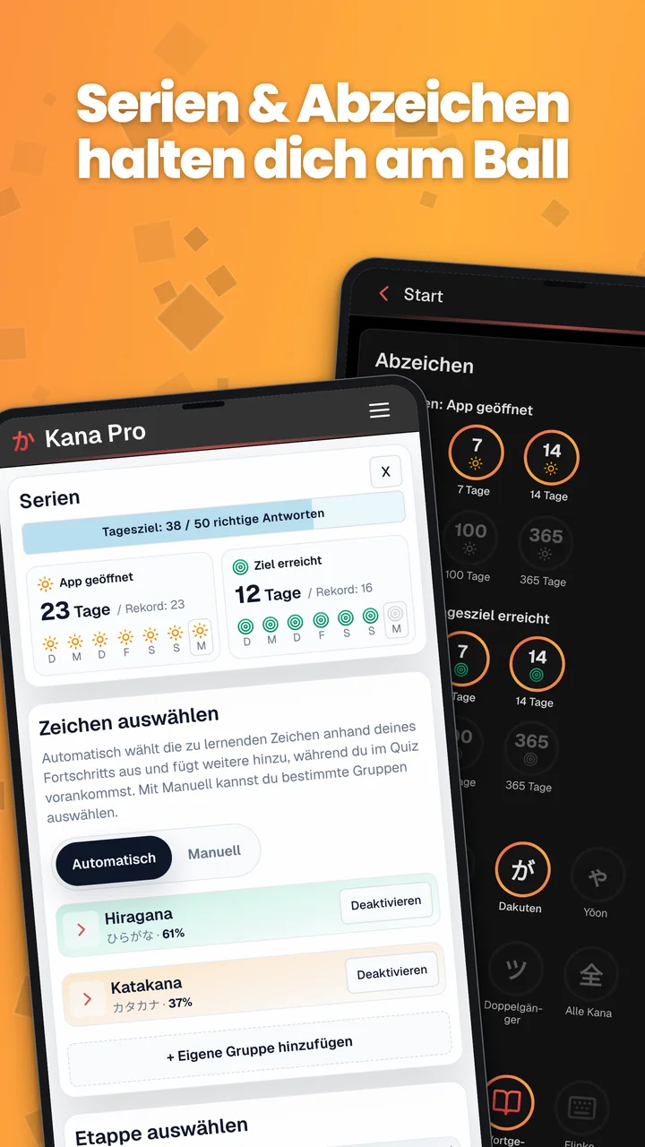 Android-Screenshots mit der Serien-Karte auf der Startseite und Abzeichen in der Statistik.