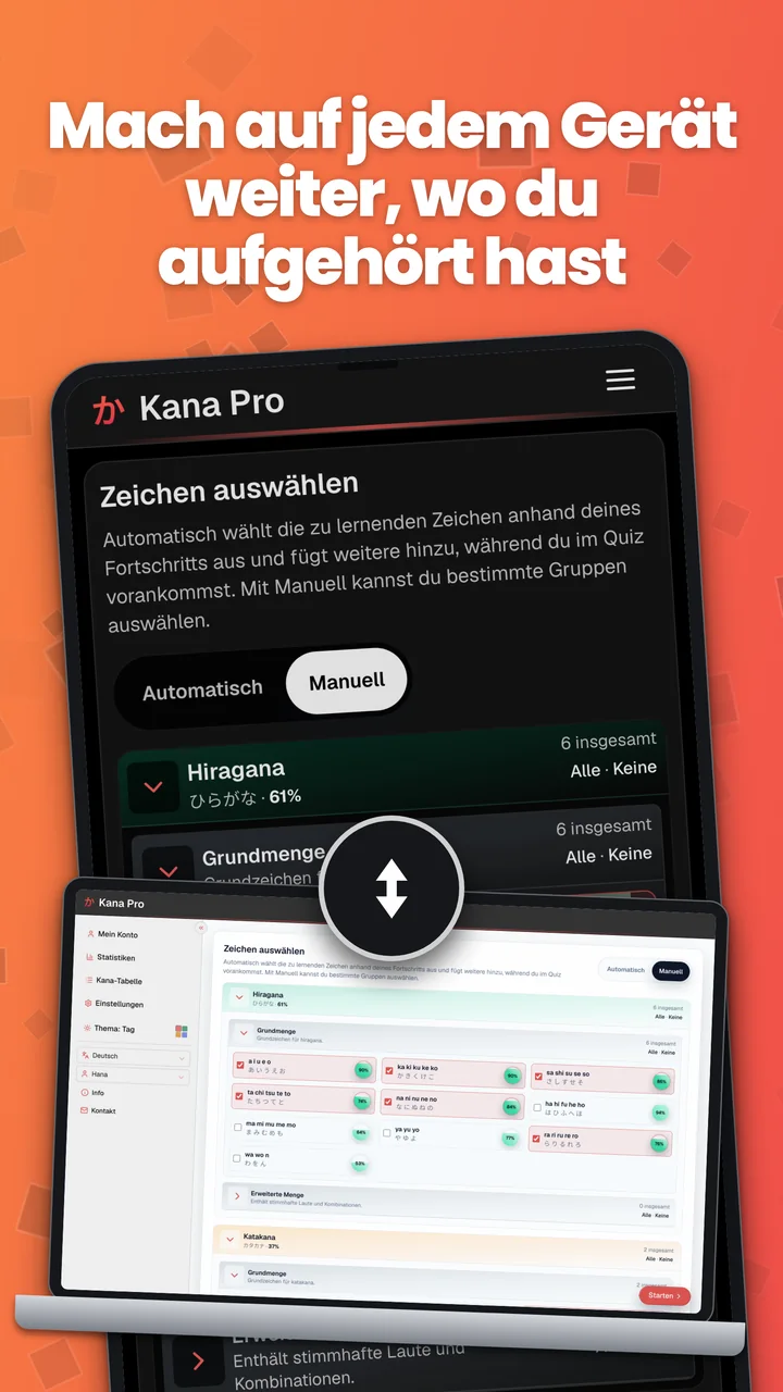 Kana Pro auf Android und einem Laptop zur Veranschaulichung der Fortschrittssynchronisierung.