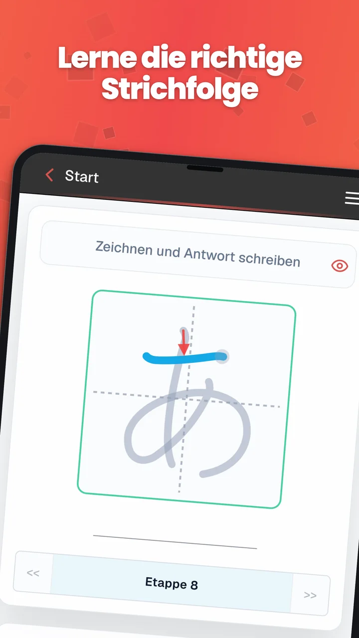 Strichreihenfolge-Übung auf Android mit einem Kana-Zeichen, einem Richtungspfeil und Hilfslinien.