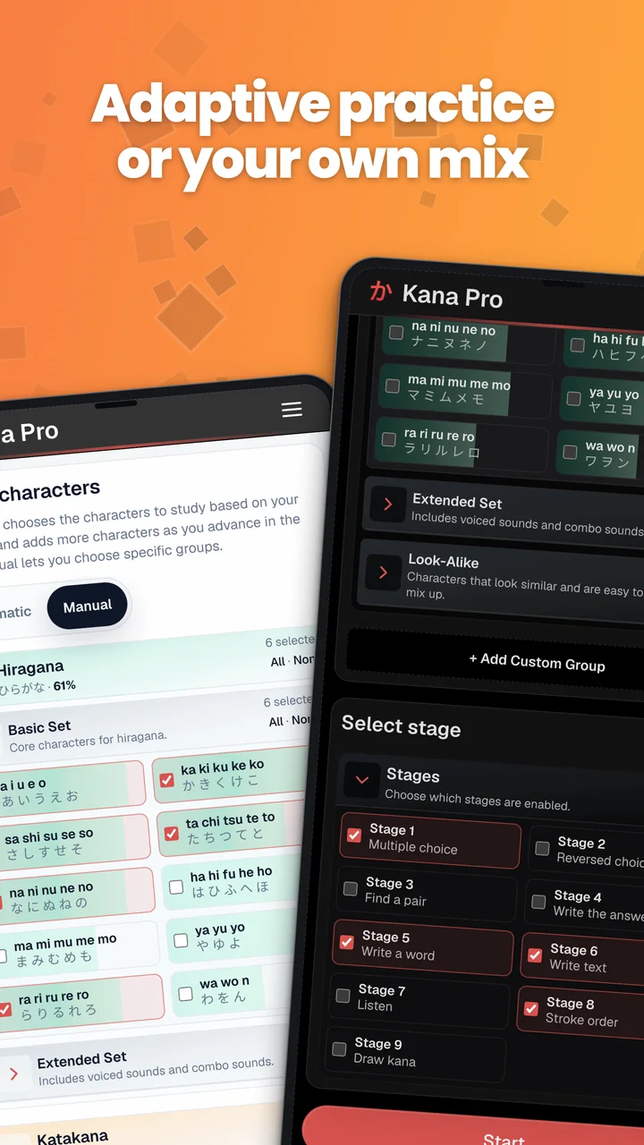 Kana Pro’s automatic character selection and manual kana-group and stage controls on Android.
