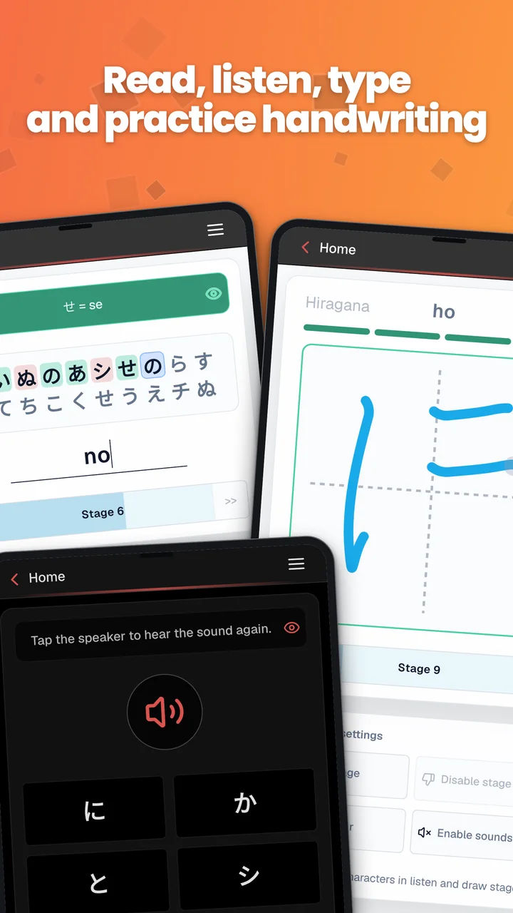 Android screenshots showing kana typing, kana handwriting and a listening exercise.