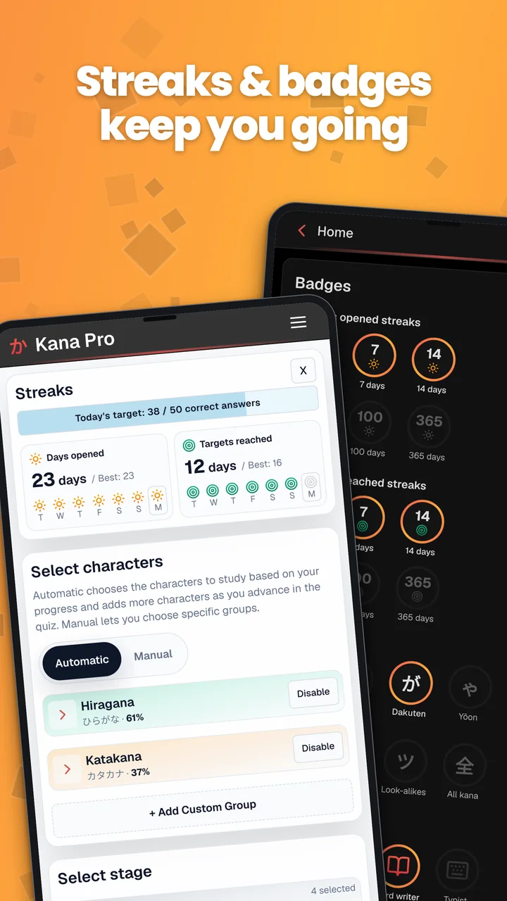 Android screenshots showing the streaks card on the home screen and badges in Statistics.