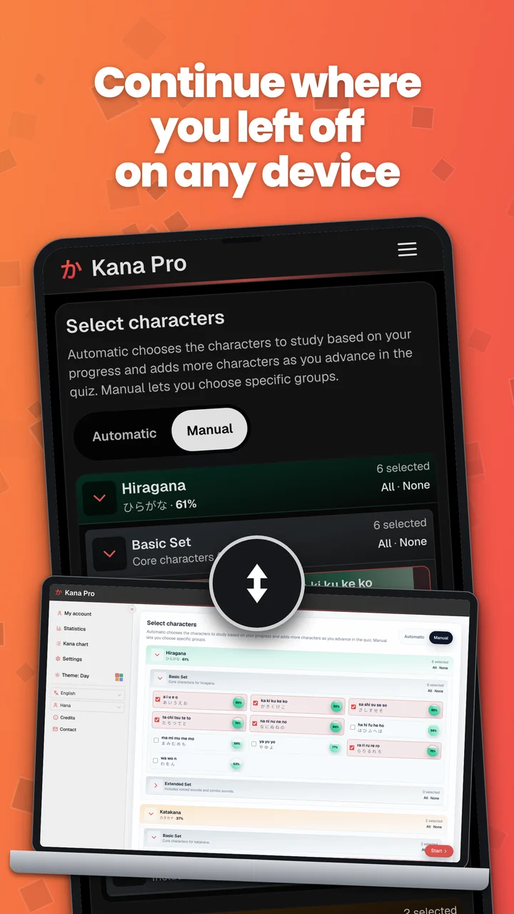 Kana Pro on Android and a laptop, illustrating progress sync between devices.