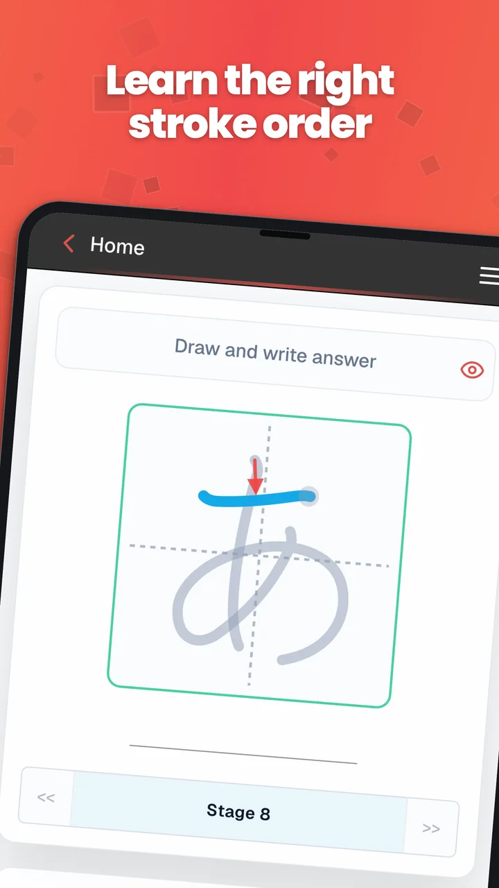 An Android stroke-order exercise showing a kana drawing with a directional arrow and guide lines.