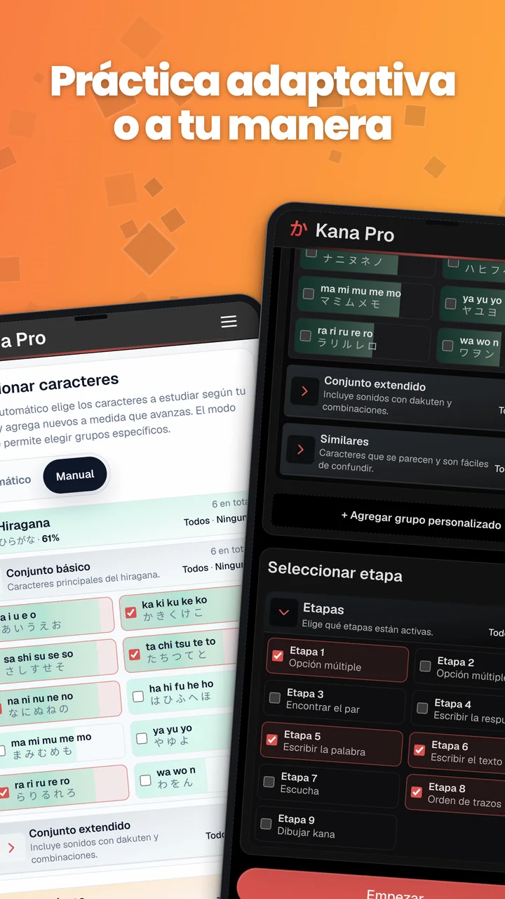 Selección automática de caracteres y controles manuales de grupos de kana y etapas en Android.