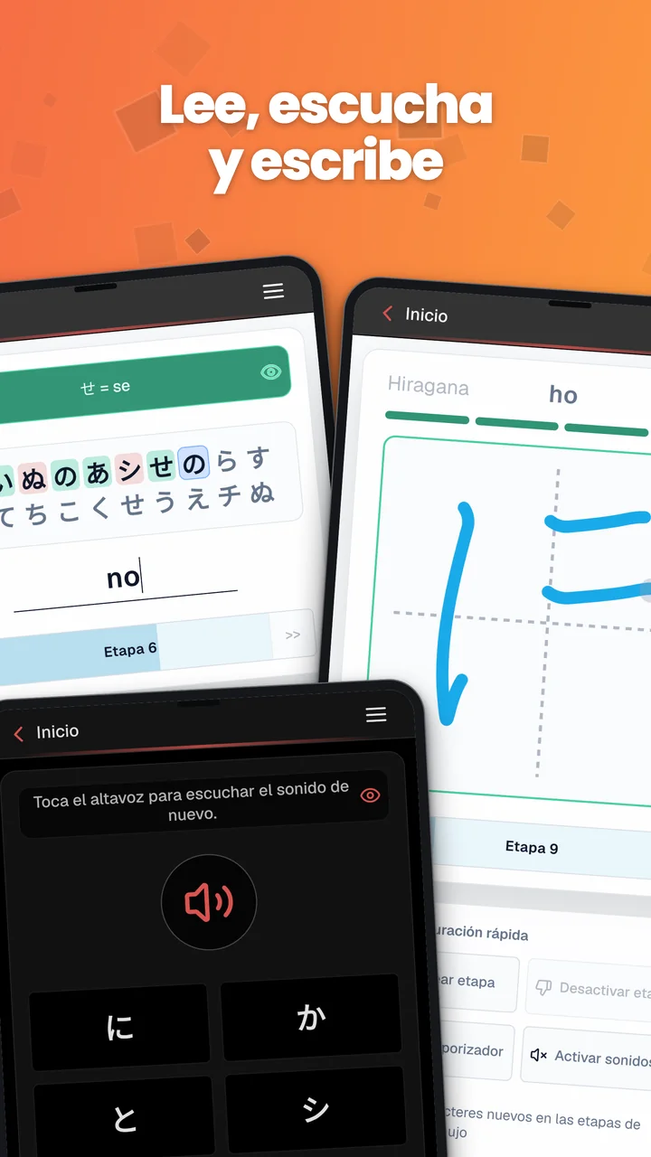 Capturas de Android que muestran escritura de kana con teclado, escritura de kana a mano y un ejercicio de escucha.