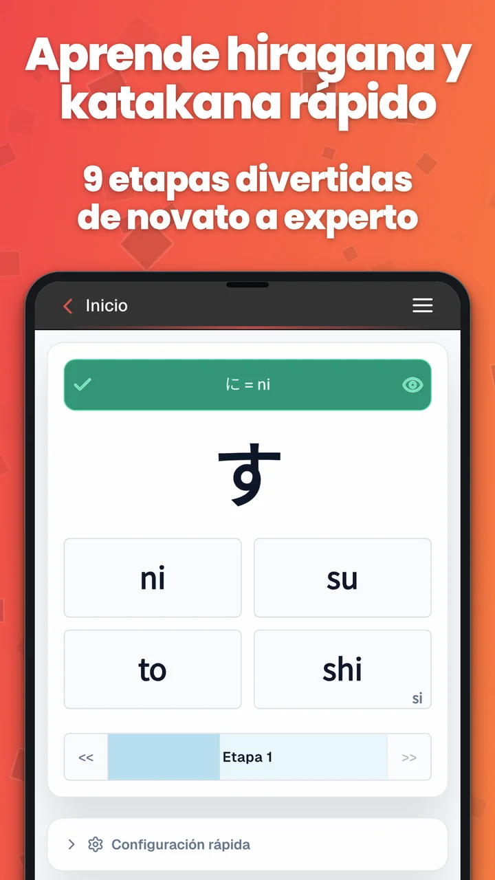Ejercicio de hiragana de opción múltiple de Kana Pro con respuestas en romaji y una barra de retroalimentación.