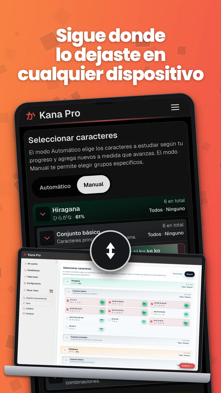 Kana Pro en Android y en una computadora portátil, que ilustra la sincronización del progreso entre dispositivos.
