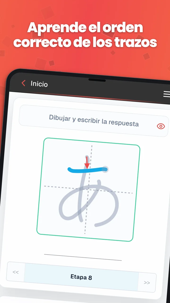 Ejercicio de orden de trazos en Android con un kana, una flecha de dirección y líneas guía.