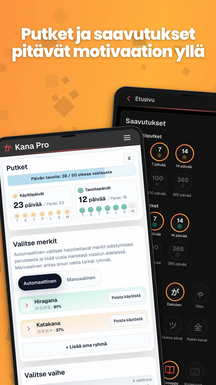 Android-kuvakaappaukset etusivun Putket-kortista ja Tilastot-sivun saavutuksista.