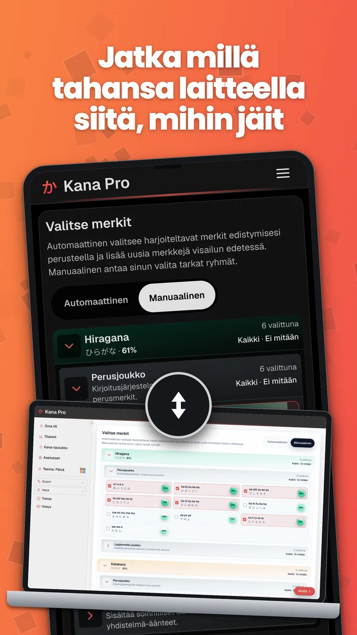 Kana Pro Android-laitteella ja kannettavalla tietokoneella havainnollistaa edistymisen synkronointia.