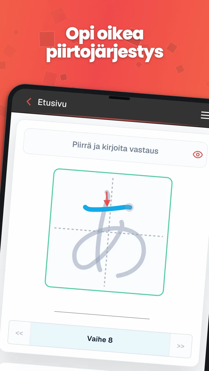Piirtojärjestysharjoitus Android-sovelluksessa, jossa on kana-merkki, suuntanuoli ja apuviivat.