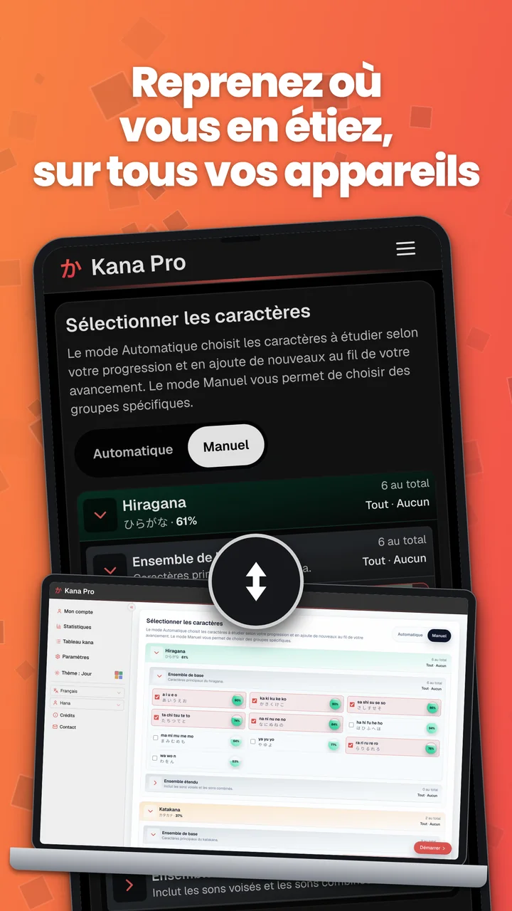 Kana Pro sur Android et sur un ordinateur portable, illustrant la synchronisation de la progression.