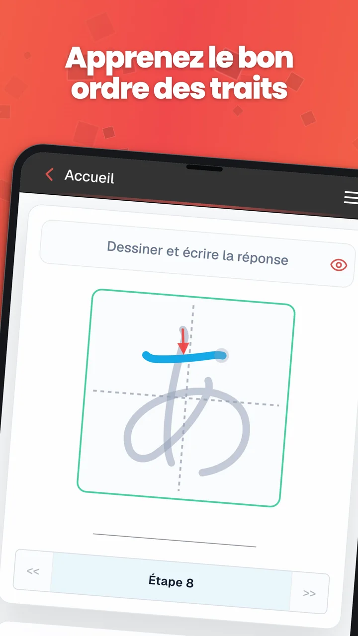 Exercice d’ordre des traits sur Android, avec un kana, une flèche de direction et des lignes guides.