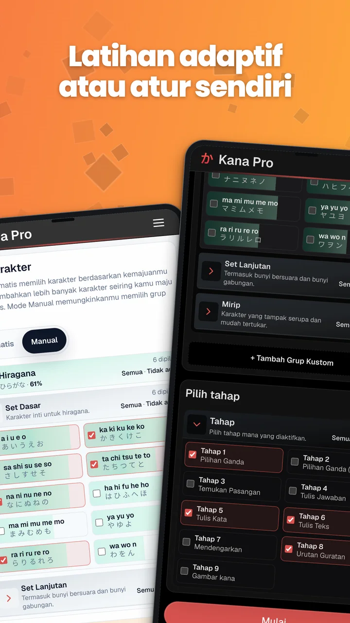Pilihan karakter otomatis serta pengaturan manual grup kana dan tahap latihan di Android.