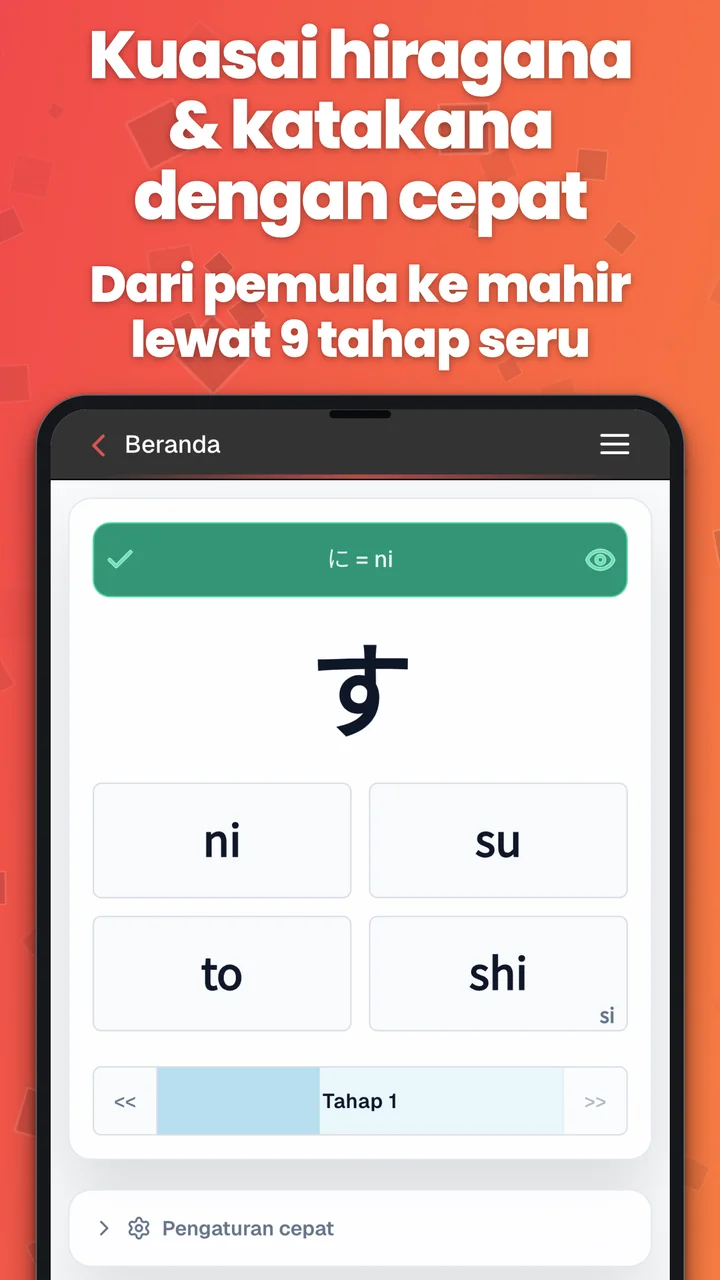 Latihan hiragana pilihan ganda di Android dengan jawaban romaji dan bilah umpan balik.
