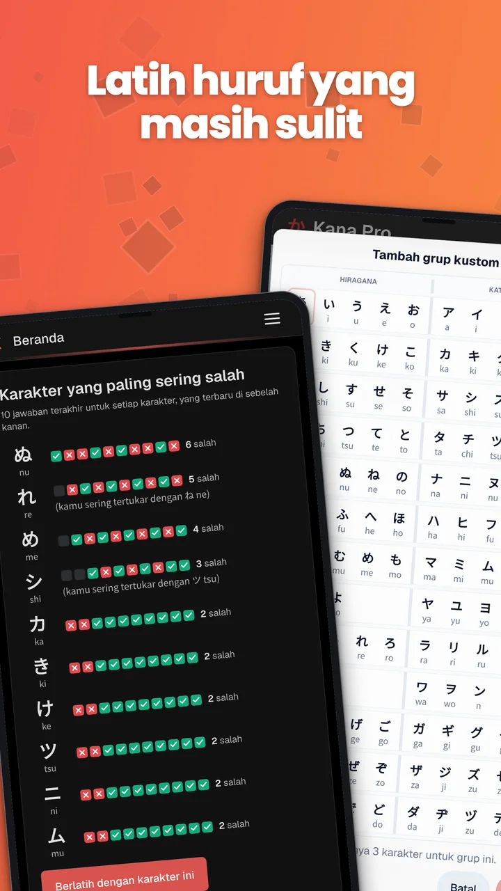 Tangkapan layar Android yang menunjukkan statistik kana yang paling sering salah dan editor grup kustom.