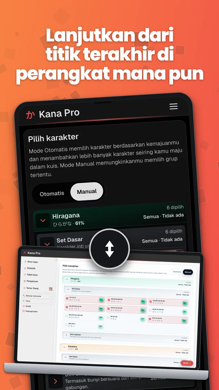 Kana Pro di Android dan laptop yang menunjukkan sinkronisasi kemajuan antarperangkat.