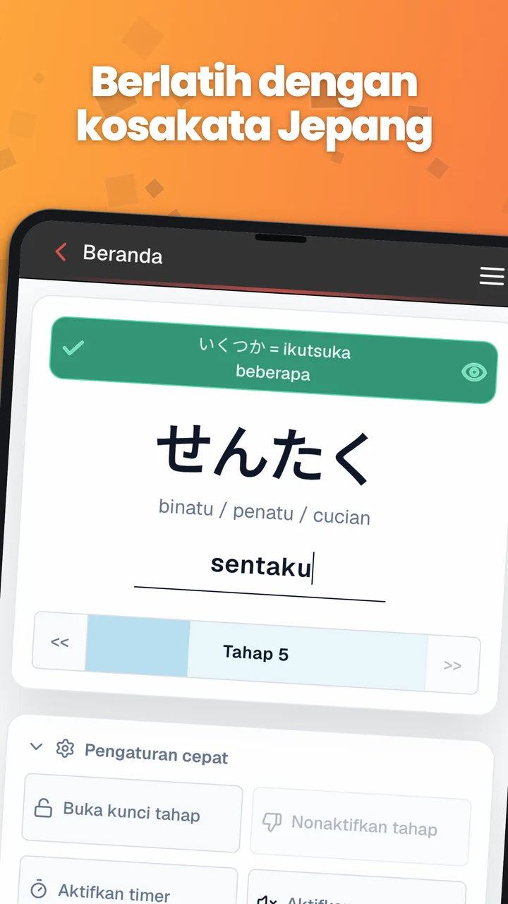 Latihan mengetik kata Jepang yang menampilkan せんたく, terjemahan, dan kolom jawaban romaji.