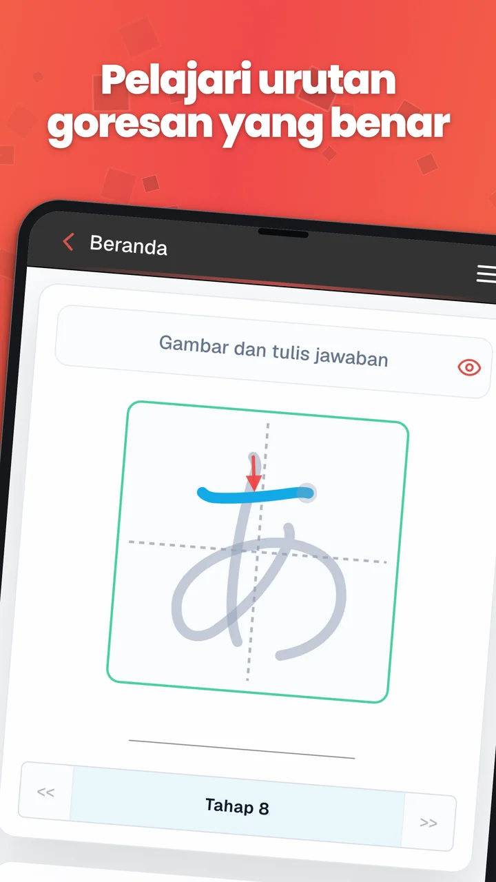 Latihan urutan goresan di Android dengan gambar kana, panah arah, dan garis panduan.