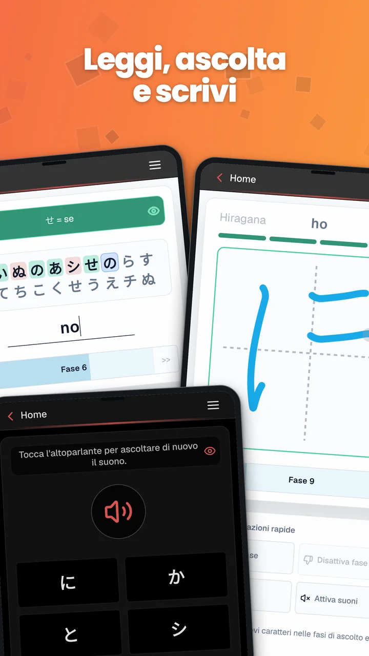 Screenshot Android con digitazione di kana, scrittura a mano dei kana ed esercizio di ascolto.