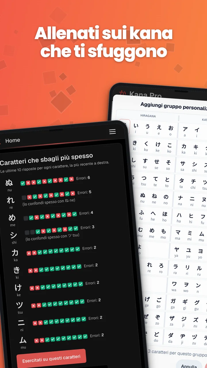 Screenshot Android delle statistiche dei kana sbagliati più spesso e dell’editor dei gruppi personalizzati.