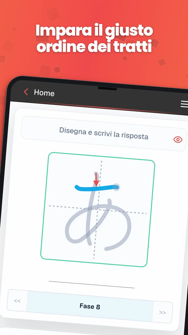 Esercizio sull’ordine dei tratti su Android con un kana, una freccia direzionale e linee guida.