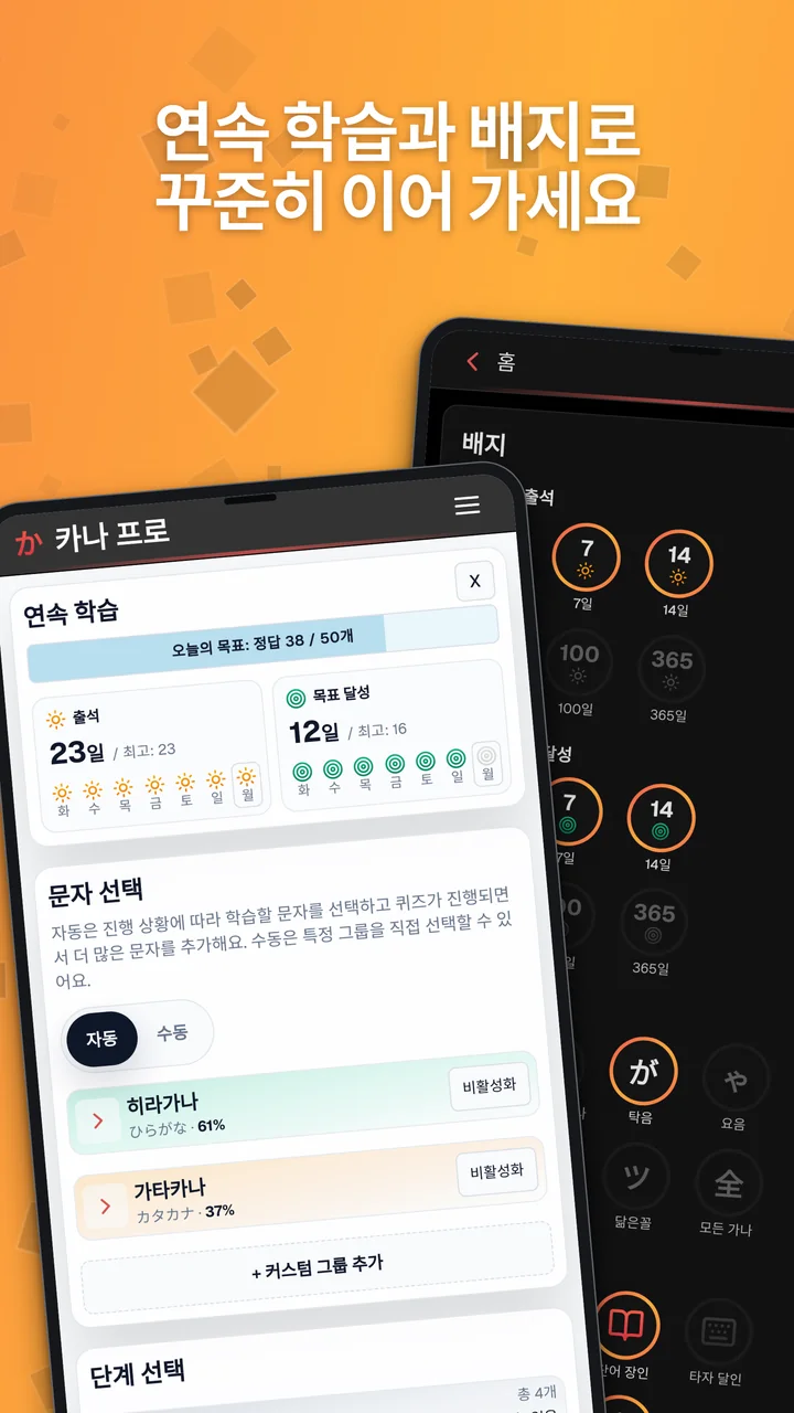 홈 화면의 연속 학습 카드와 통계 화면의 배지를 보여 주는 Android 스크린샷.