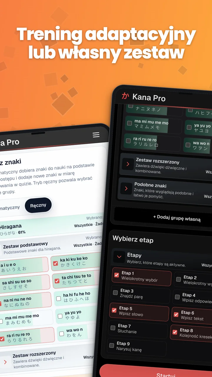Automatyczny wybór znaków oraz ręczne ustawienia grup kany i etapów na Androidzie.