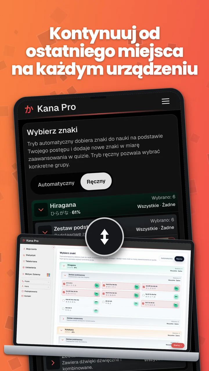 Kana Pro na Androidzie i laptopie jako przykład synchronizacji postępów między urządzeniami.