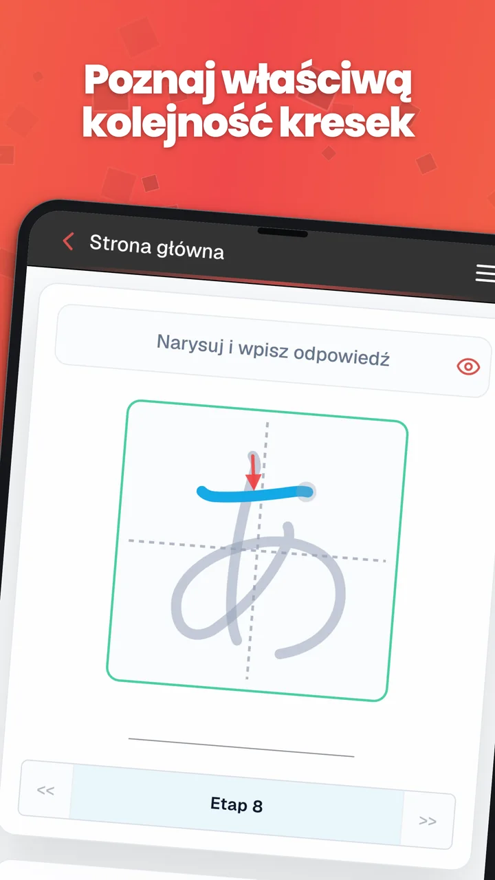 Ćwiczenie kolejności kresek na Androidzie ze znakiem kany, strzałką kierunku i liniami pomocniczymi.