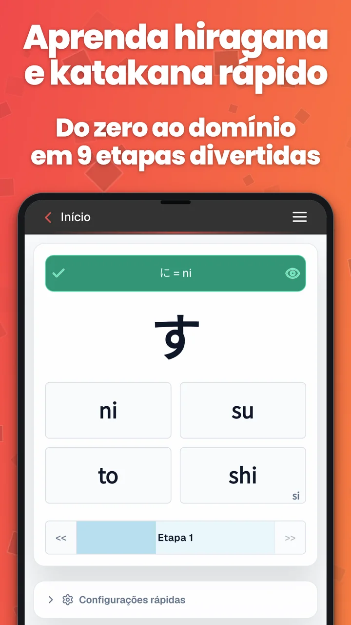 Exercício de hiragana de múltipla escolha no Kana Pro, com respostas em romaji e barra de feedback.