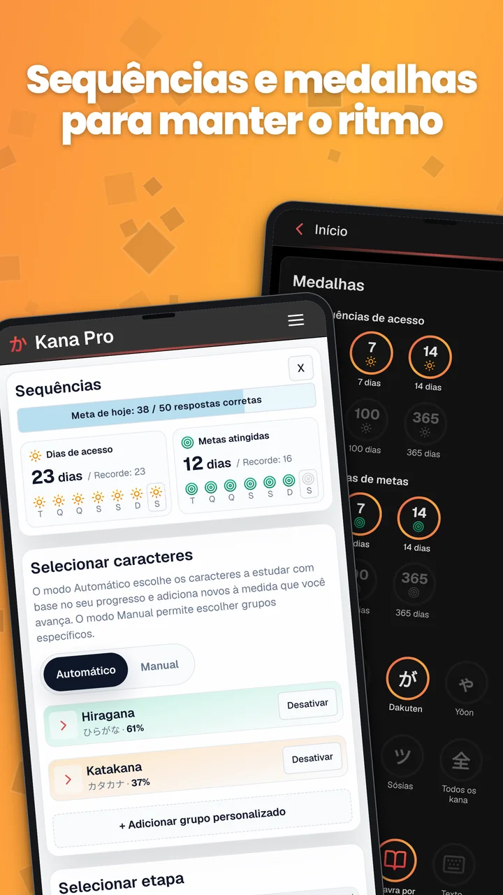 Capturas do Android mostrando o cartão de sequências na tela inicial e as medalhas nas estatísticas.