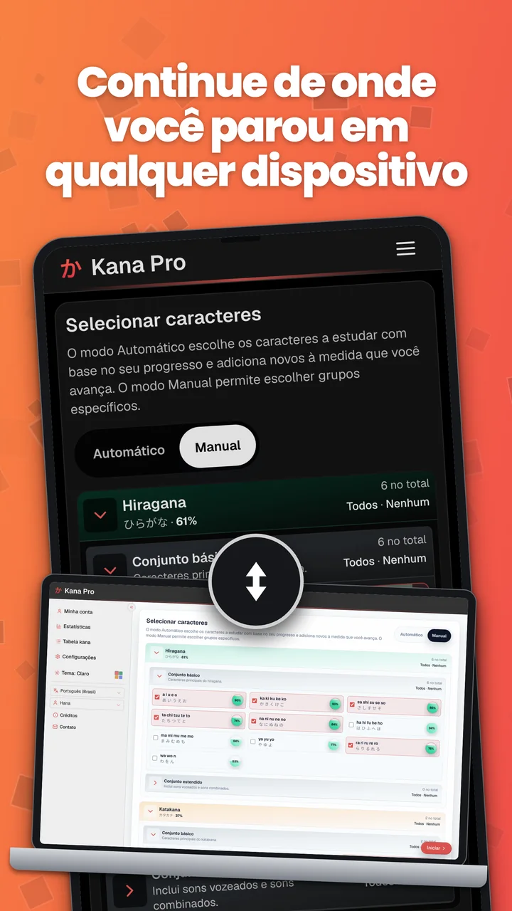 Kana Pro no Android e em um notebook, ilustrando a sincronização do progresso.