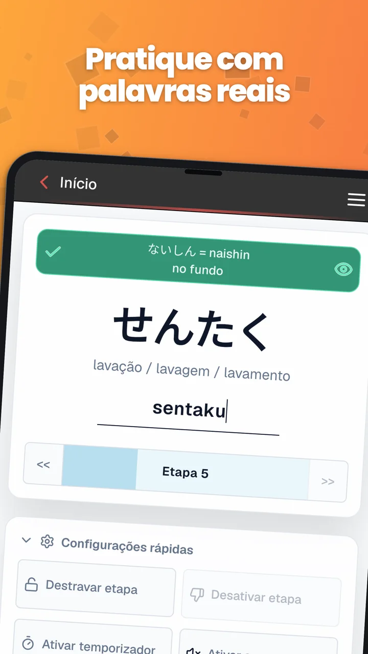 Exercício de digitação de palavras japonesas com せんたく, sua tradução e um campo de resposta em romaji.
