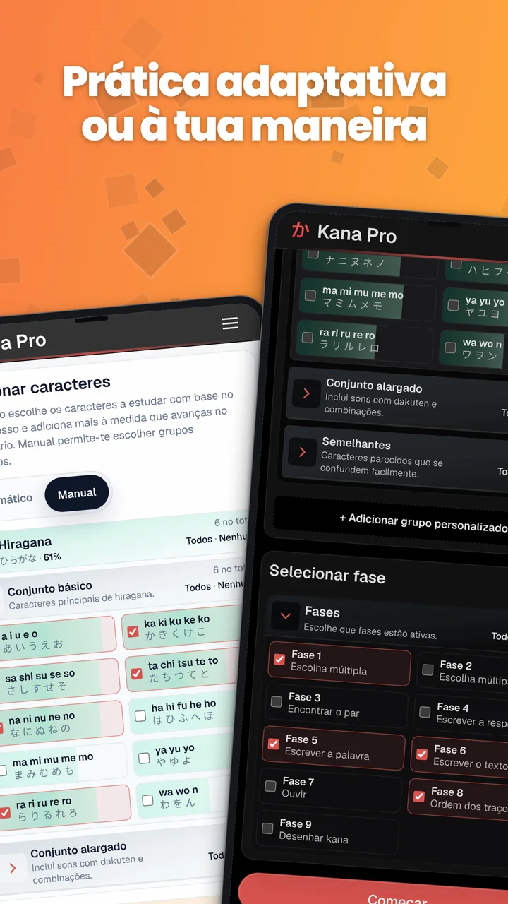 Seleção automática de caracteres e controlos manuais de grupos de kana e fases no Android.
