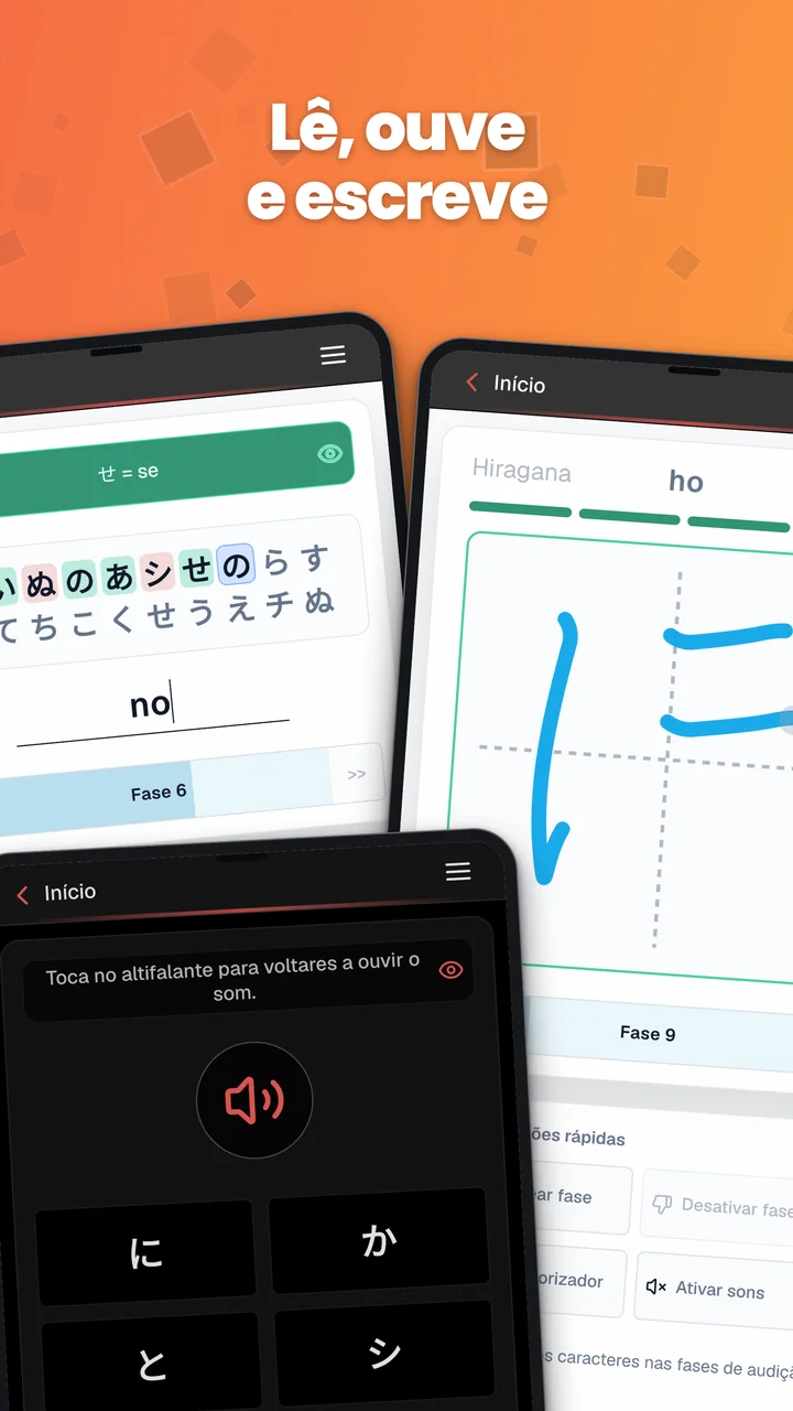 Capturas Android com escrita de kana no teclado, escrita à mão de kana e um exercício de escuta.
