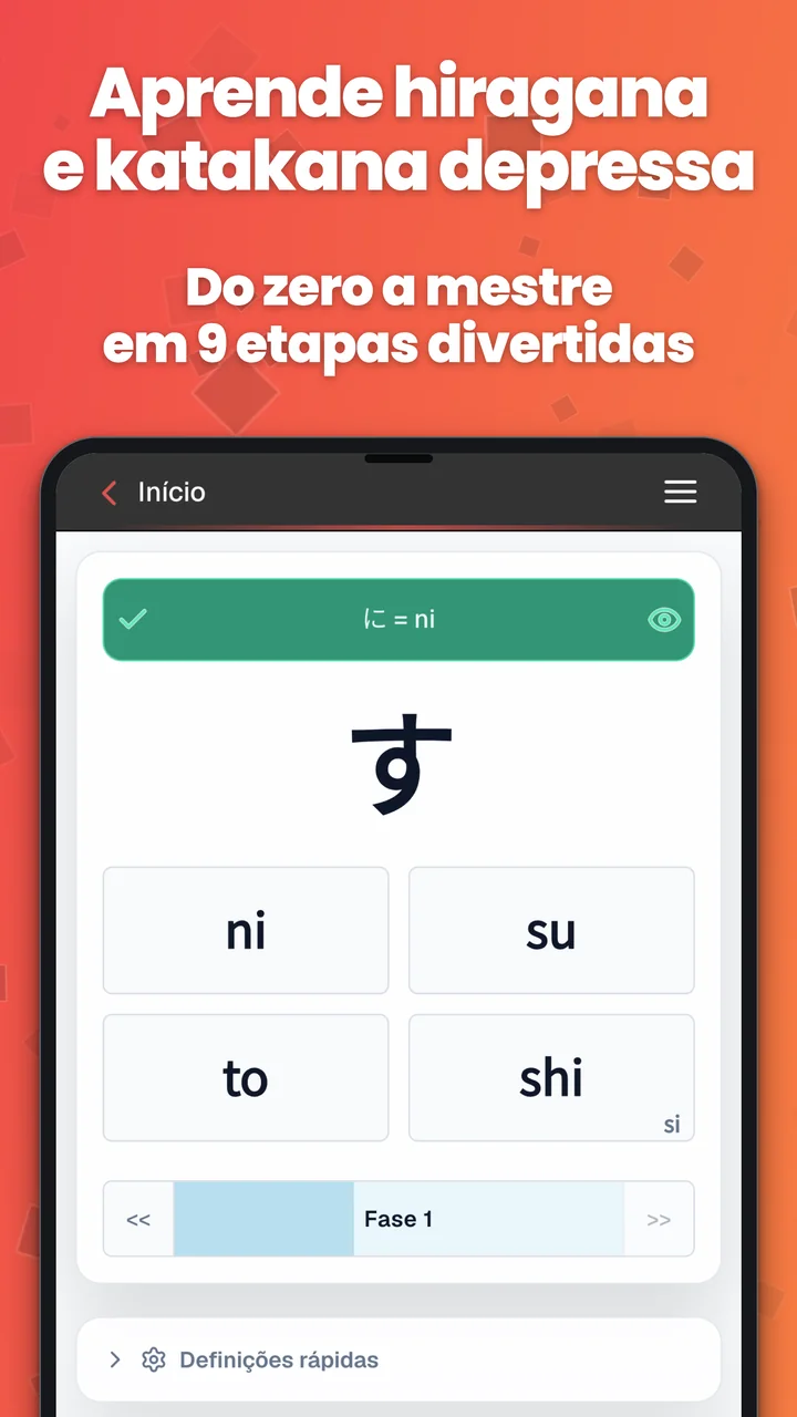 Exercício de hiragana de escolha múltipla no Kana Pro, com respostas em romaji e uma barra de feedback.