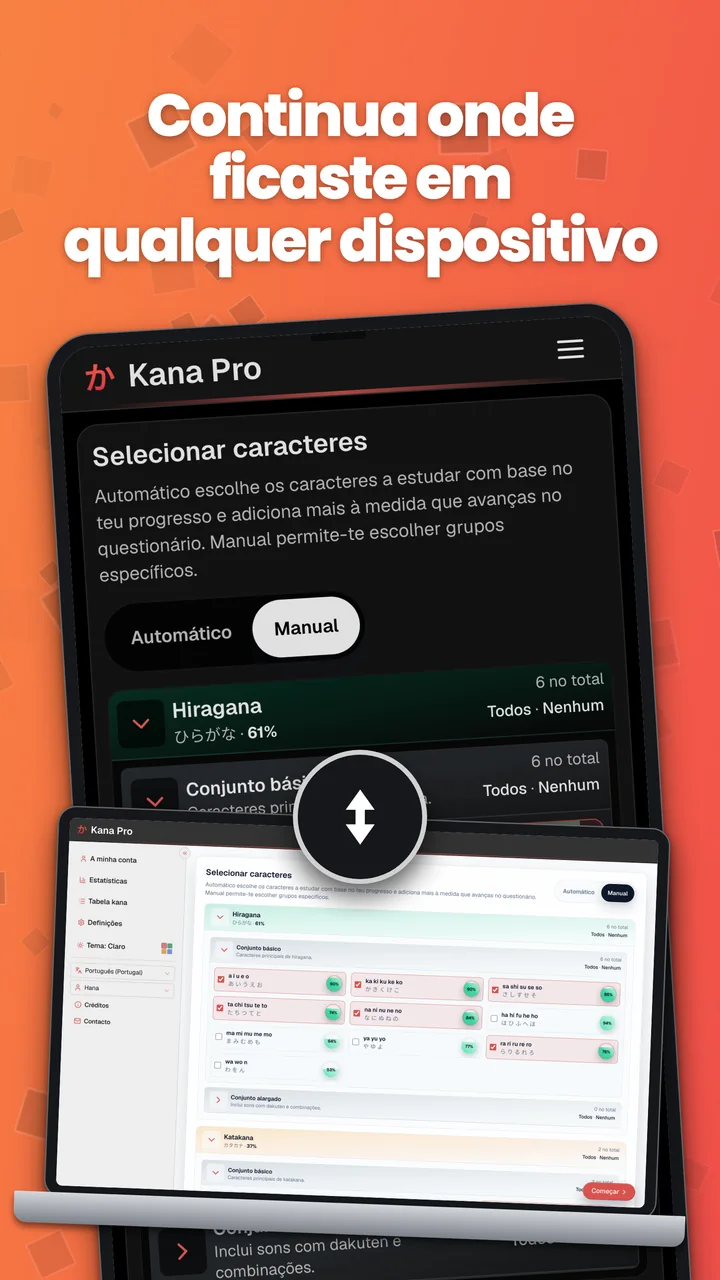Kana Pro num dispositivo Android e num portátil, a ilustrar a sincronização do progresso.