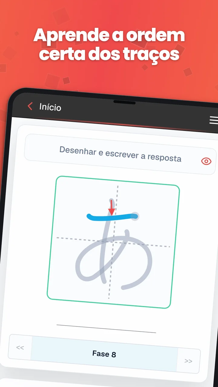 Exercício de ordem dos traços no Android com um kana, uma seta de direção e linhas-guia.