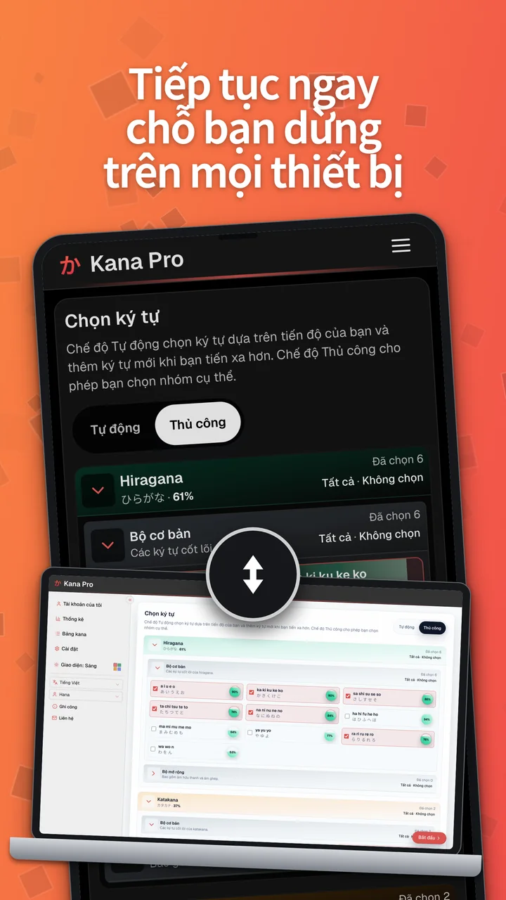 Kana Pro trên Android và máy tính xách tay, minh họa đồng bộ tiến độ giữa các thiết bị.