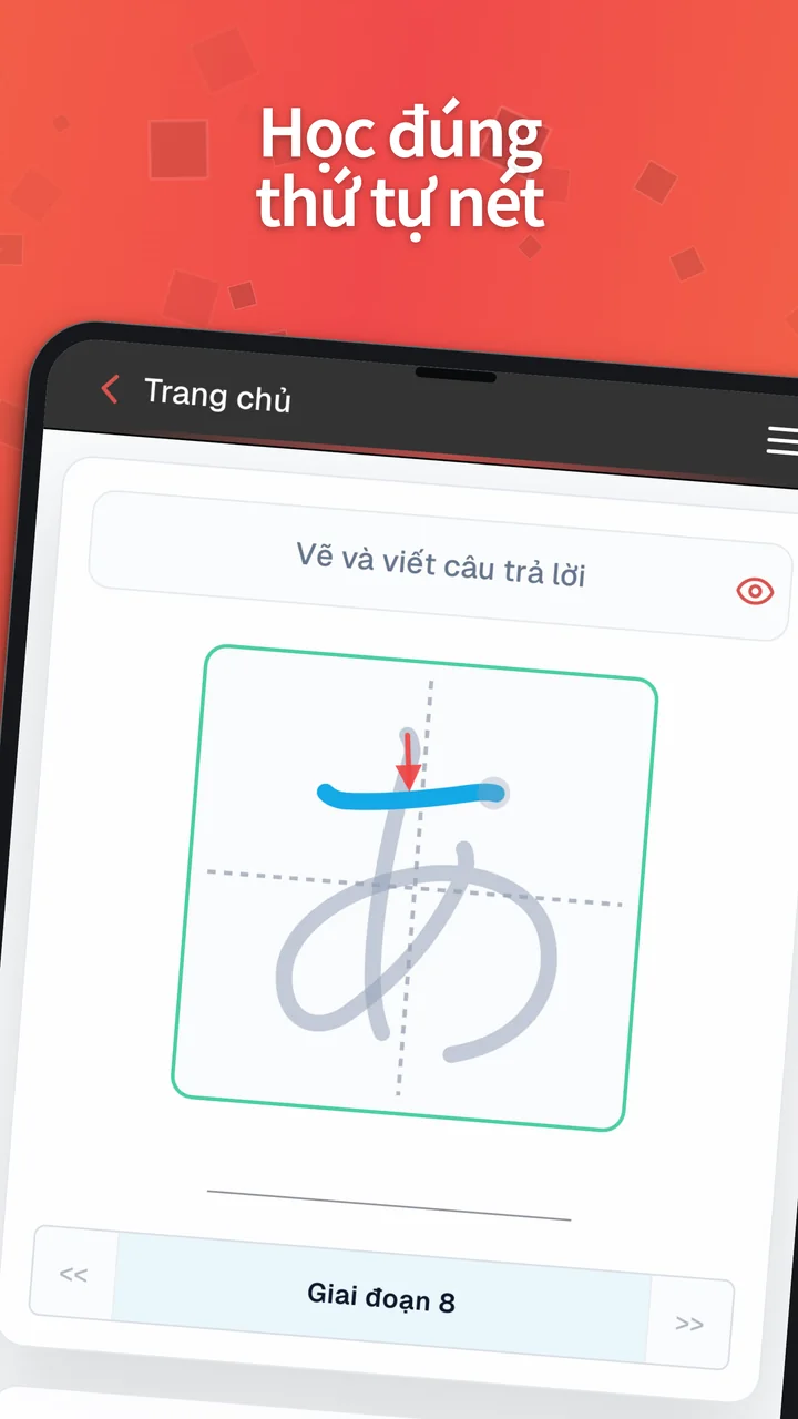 Bài luyện thứ tự nét viết trên Android có chữ kana, mũi tên chỉ hướng và đường hướng dẫn.
